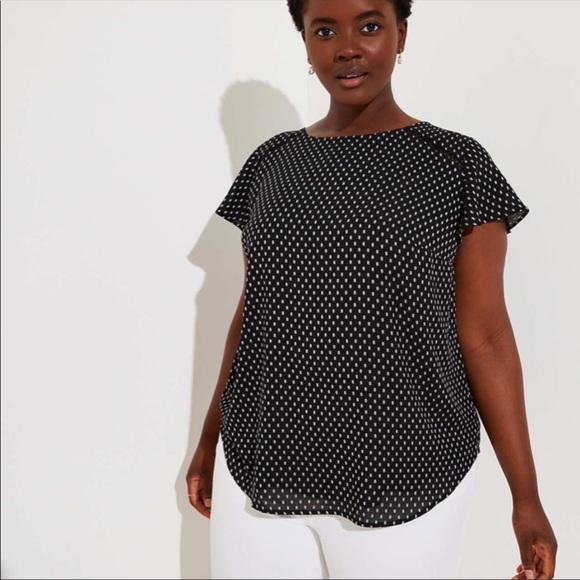 LOFT Dotted Tie Back Flutter Top Black White L Large - Picture 4 of 6